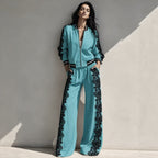 Bomber Jacket & Wide‑Leg Pants Two‑Piece Set with Black Lace Trim
