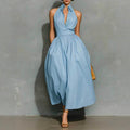 Light Blue Halter Collar Button Front Pleated Midi Cotton Shirt Dress