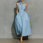 Light Blue Halter Collar Button Front Pleated Midi Cotton Shirt Dress