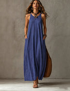 Textured Sleeveless Round Neck Pocketed Maxi Tent Dress