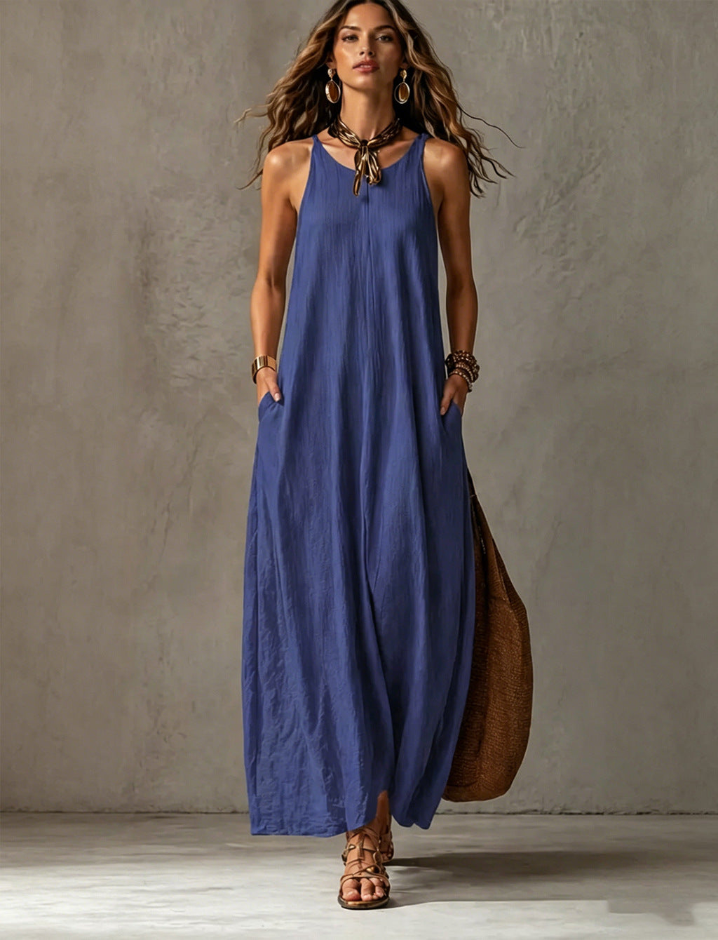 Textured Sleeveless Round Neck Pocketed Maxi Tent Dress
