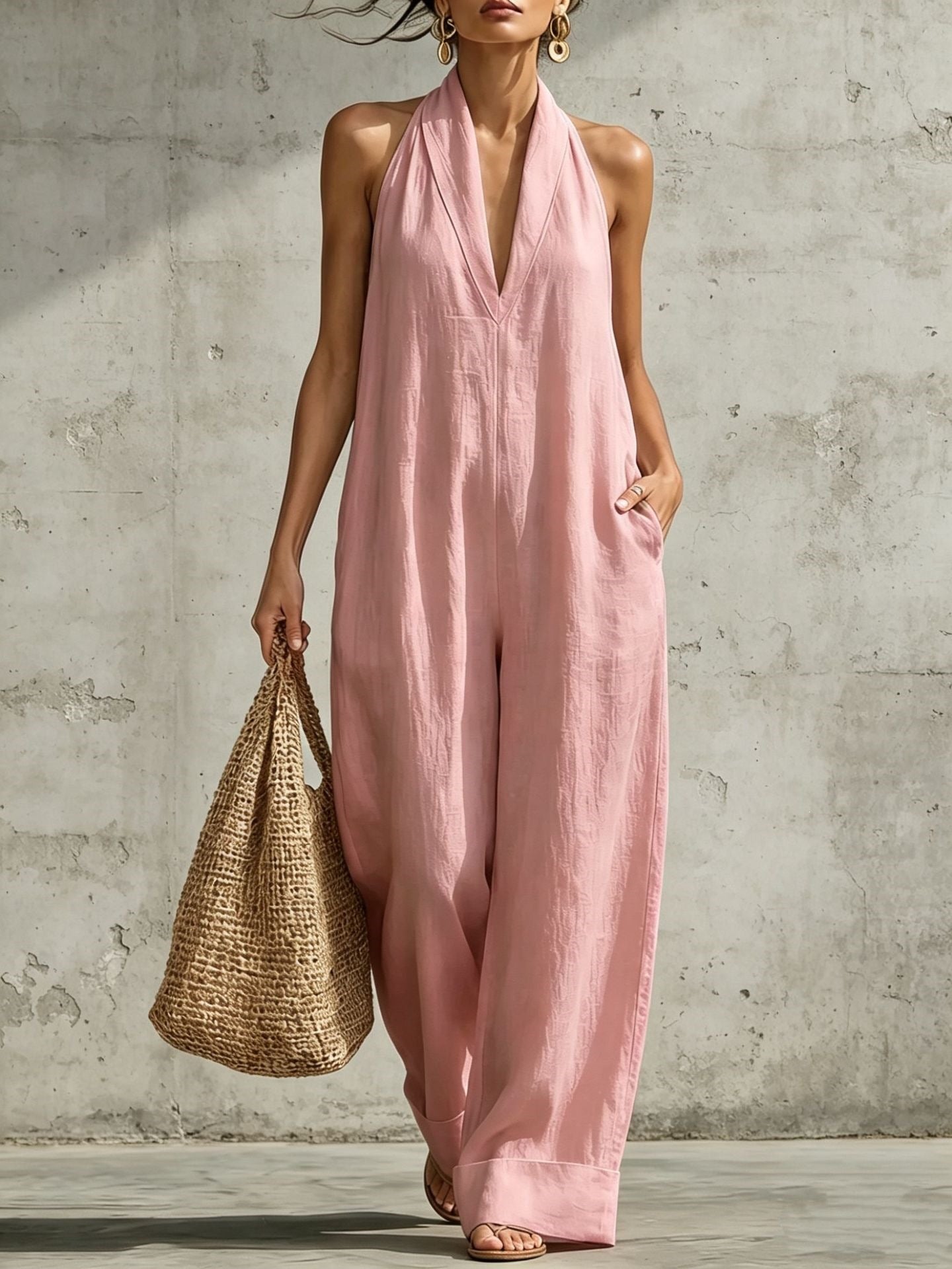 Linen Halter Deep V Wide Leg Cuffed Jumpsuit