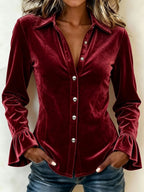 Velvet Button-Up Shirt – Soft Plush Long Sleeve Blouse with Ruffle Cuffs