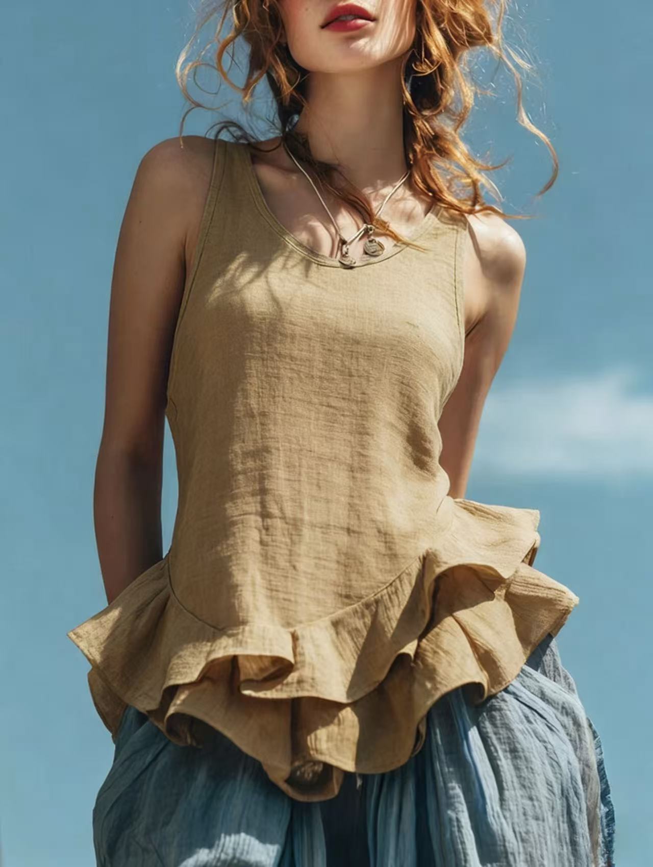 Casual Fashion Sleeveless Hem Ruffled Top