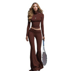 Rib Turtleneck Crop Long Sleeve Top & High Waist Flare Leg Pant 2 Piece Sporty Co-Ord Set