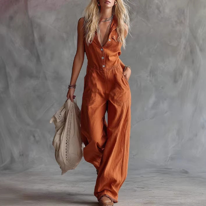 Women's Shirt-collar Sleeveless Wide-leg Jumpsuit