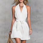 Halter Neck V-Neck Waist Tie Casual Holiday Women'S Dress