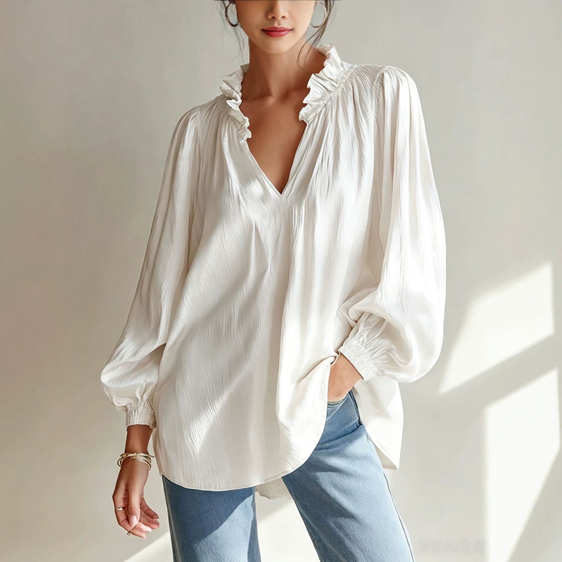 Ruffle V-Neck Crinkled Texture Balloon Sleeve Blouse
