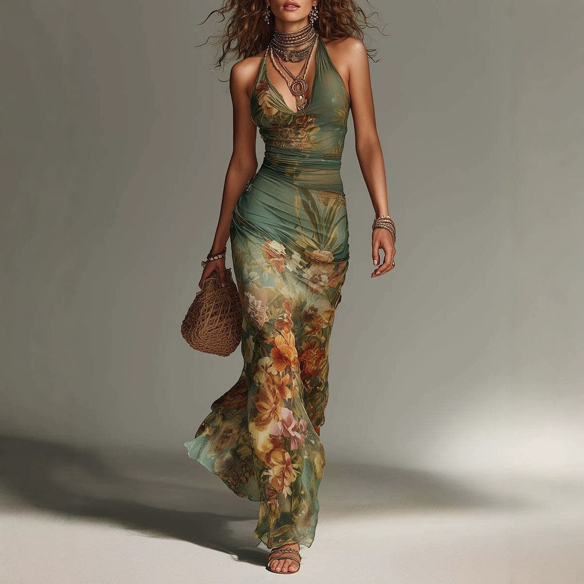 Boho Floral Halter Mesh Maxi Dress