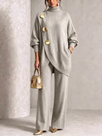 Turtleneck Gold‑Button Asymmetric Knit Tunic & Wide‑Leg Pants Two‑Piece Set
