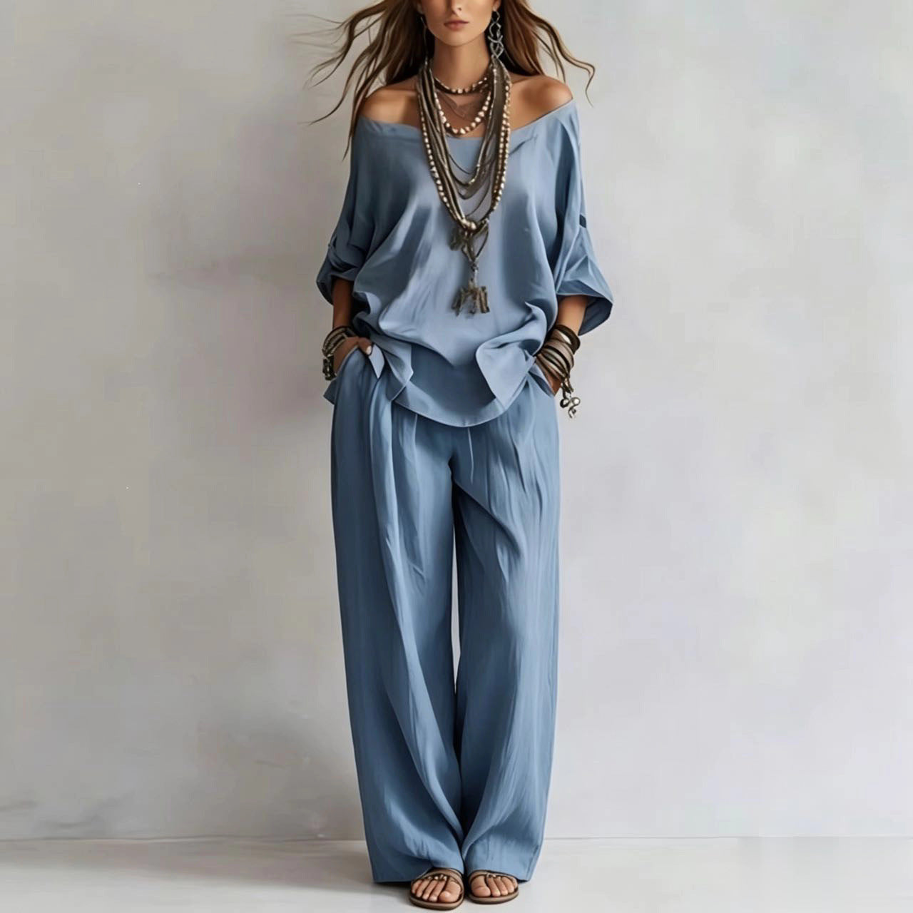 Women'S One-Shoulder Loose Top Wide-Leg Pants Cross-Border Two-Piece Set