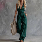 Women's Shirt-collar Sleeveless Wide-leg Jumpsuit