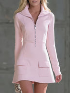Women's Half‑Zip Stand Collar Long Sleeve Cargo Pocket Mini Dress