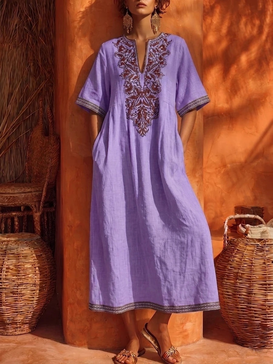 Linen Floral Embroidery V Neck Short Sleeve Midi Kaftan Dress