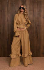 Casual Dusty Lavender Cropped Jacket and Flared Ruffle Pant Set