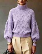 Women's Bright Yellow Turtleneck Cable Knit Oversized Pullover Sweater