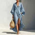 Linen‑Blend V‑Neck Kaftan Maxi Dress