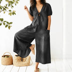 Light Wash Tie-Front Denim Wide-Leg Jumpsuit
