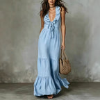Loose Casual Deep V Ruffled Sleeveless Long Skirt Dress
