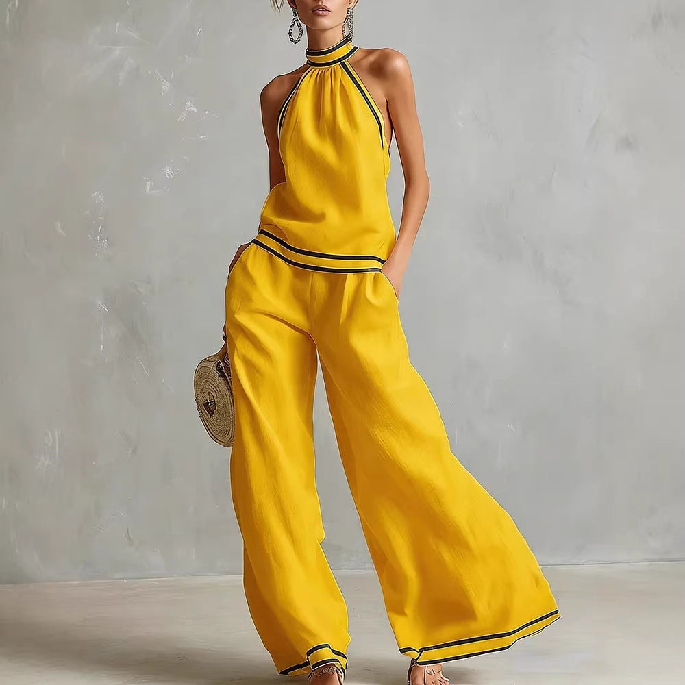 Halterneck Sleeveless Wide-Leg Pants Suit For Women