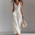 Solid Color Button Pocket Loose Casual Suspender Jumpsuit For Women