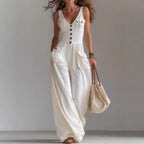 Solid Color Button Pocket Loose Casual Suspender Jumpsuit For Women