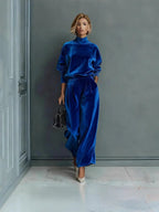 Women'S Velour Drop‑Shoulder Top & Pleated Wide‑Leg Pants Two‑Piece Set