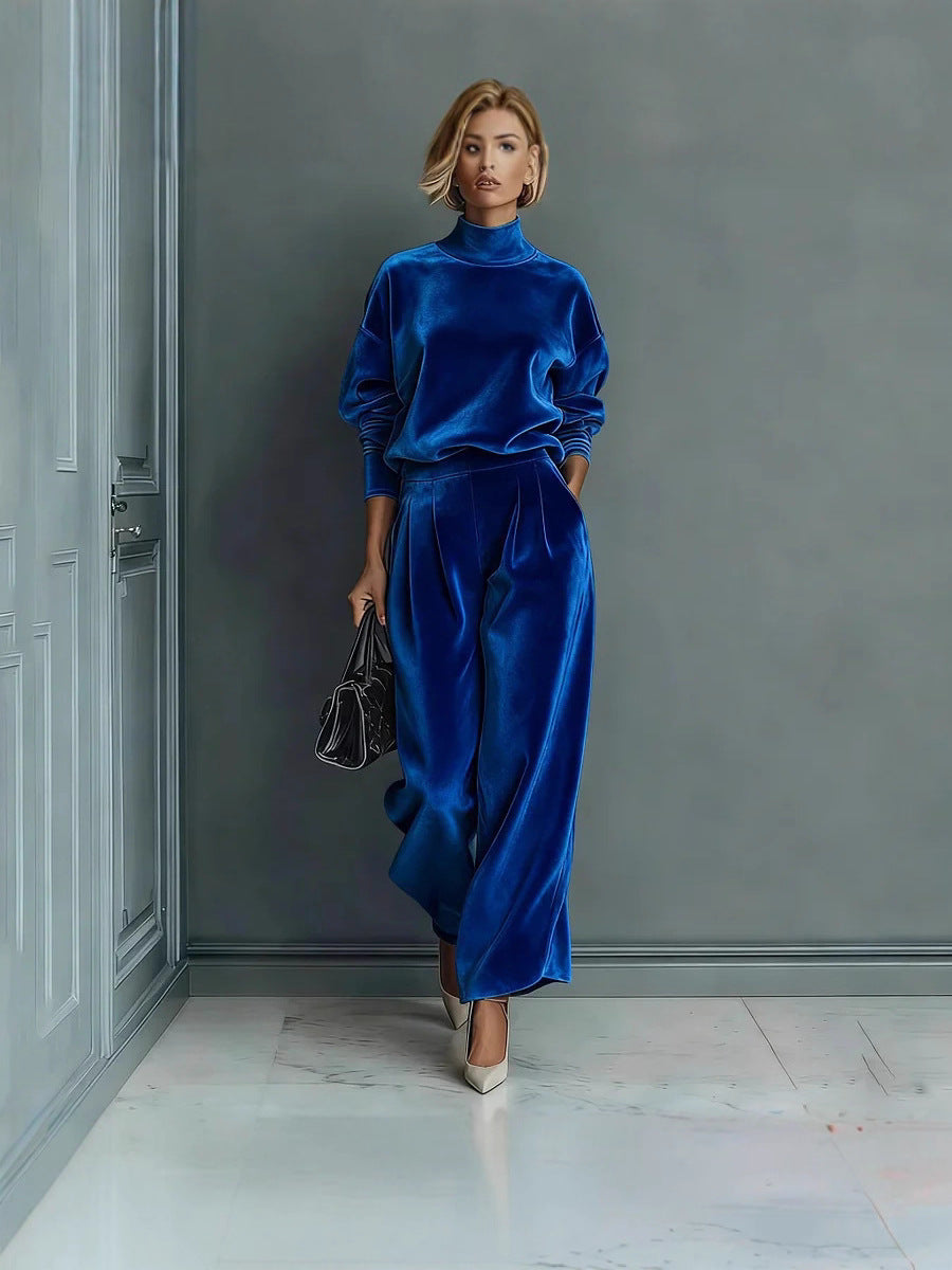 Women'S Velour Drop‑Shoulder Top & Pleated Wide‑Leg Pants Two‑Piece Set