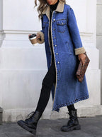 Long Denim Sherpa Coat | Cotton Lining, Warm Overcoat