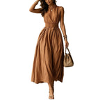 Classic Striped High Neck Sleeveless Midi Dress