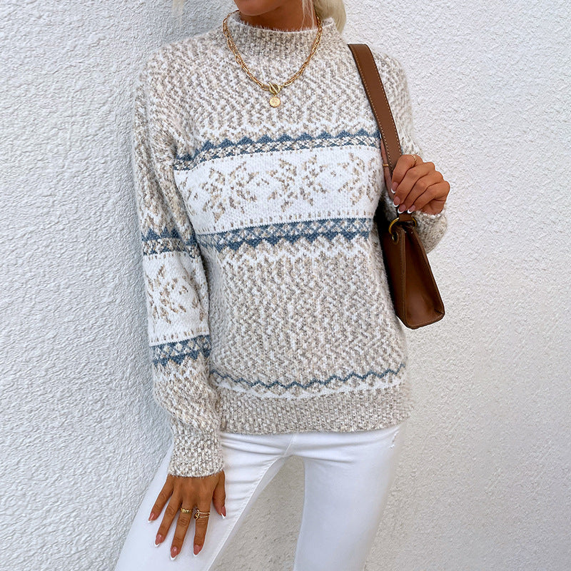 Mock Neck Snowflake Jacquard Long Sleeve Knit Sweater