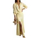 Women Striped Long‑Sleeve Shirt & High‑Slit Maxi Skirt Two‑Piece Set