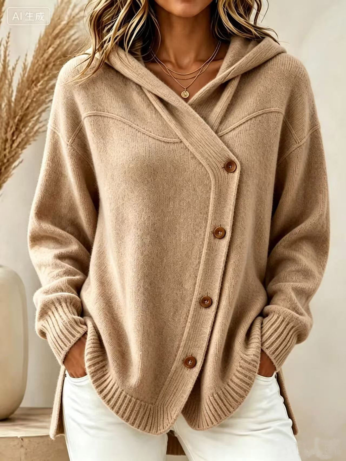 Hooded Wrap Diagonal Button Knit Cardigan
