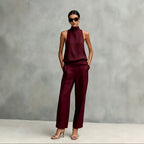 Women's Elegant Cotton And Linen Round-neck Sleeveless Top And Trousers Set