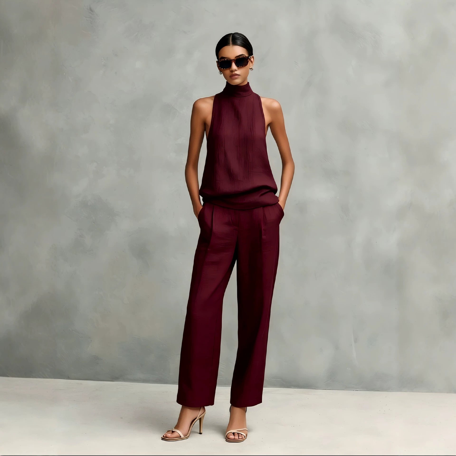 Women's Elegant Cotton And Linen Round-neck Sleeveless Top And Trousers Set