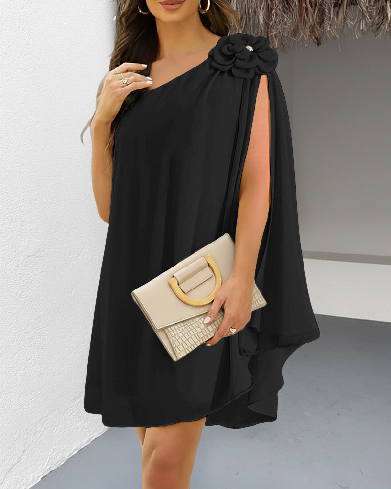 Women's Bright Yellow One Shoulder Chiffon Mini Dress with Floral Applique and Cape Sleeve
