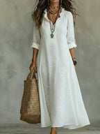 Women'S Ruffle V‑Neck Floral Embroidery Roll‑Up Sleeve Maxi Dress
