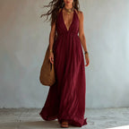Halter Deep V Gathered Empire Waist Flowy Chiffon Maxi Dress