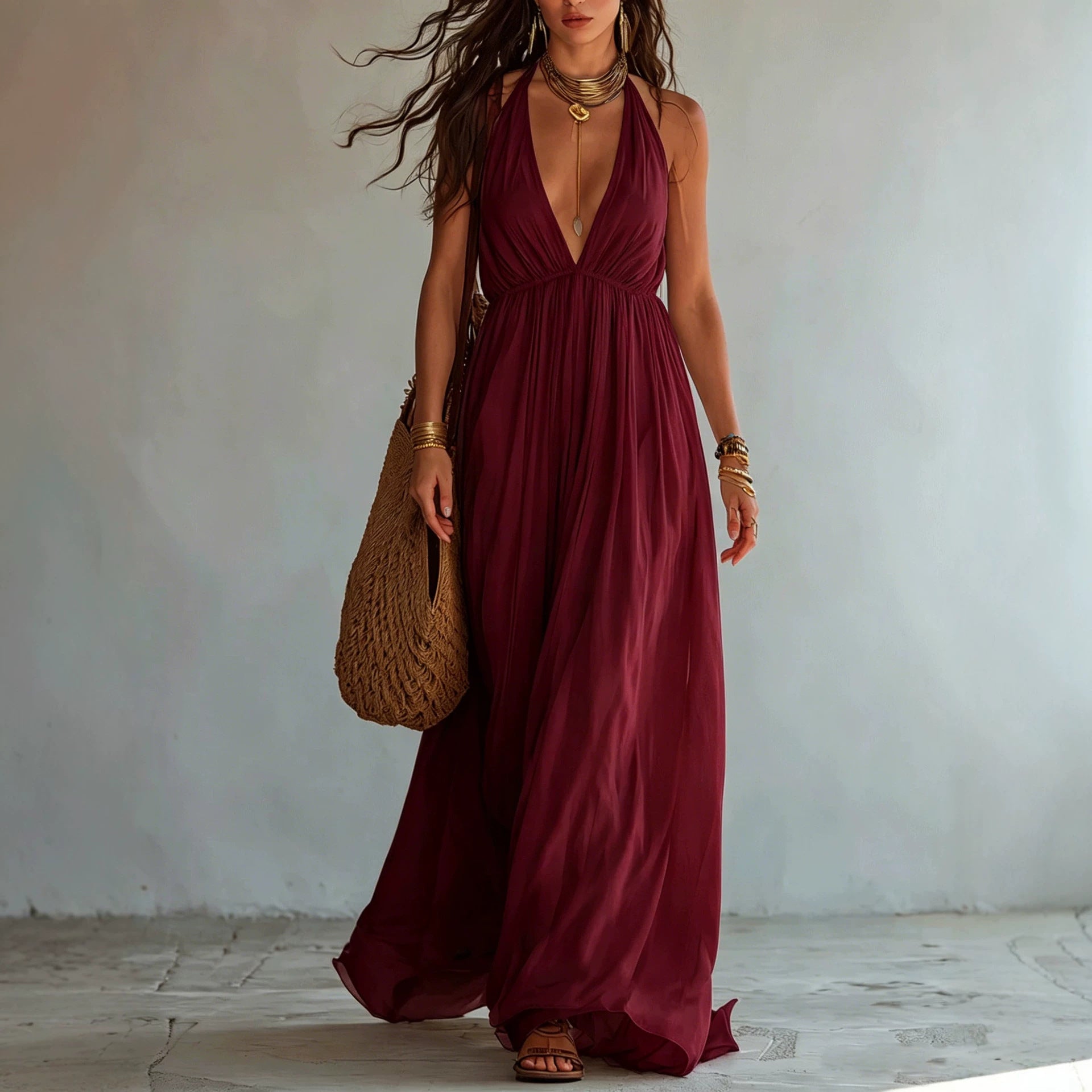 Halter Deep V Gathered Empire Waist Flowy Chiffon Maxi Dress