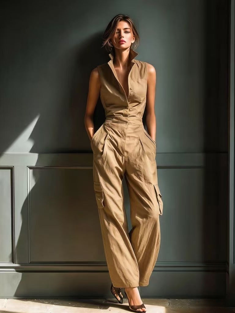 Sleeveless Collar Shirt Cargo Wide Leg Jumpsuit