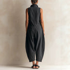 Sleeveless Linen Utility Jumpsuit Loose Cropped Wide Leg Cargo Jumpsuit