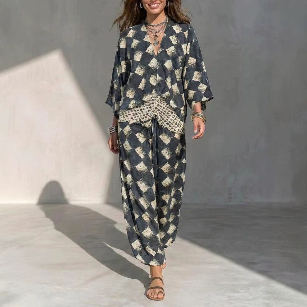 Geometric Print V‑Neck Kimono Sleeve Top & Wide‑Leg Pants Two‑Piece Set
