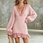 Women'S Ribbed Knit Leopard‑Trim V‑Neck Balloon Sleeve Mini Dress