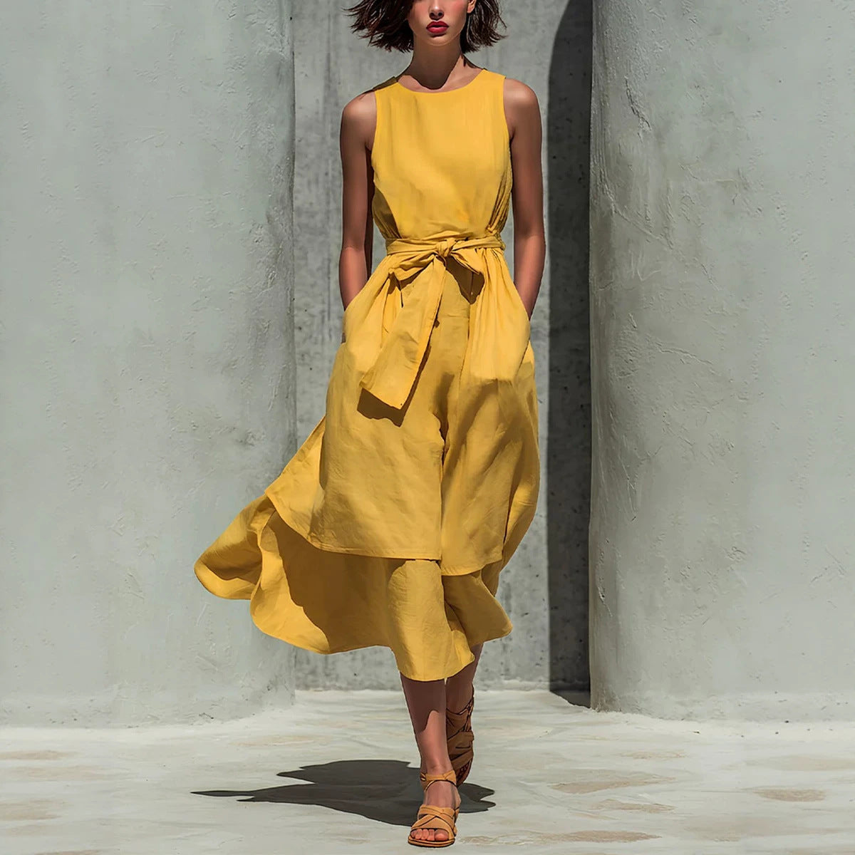Sleeveless Tie Waist Layered Linen Midi Dress