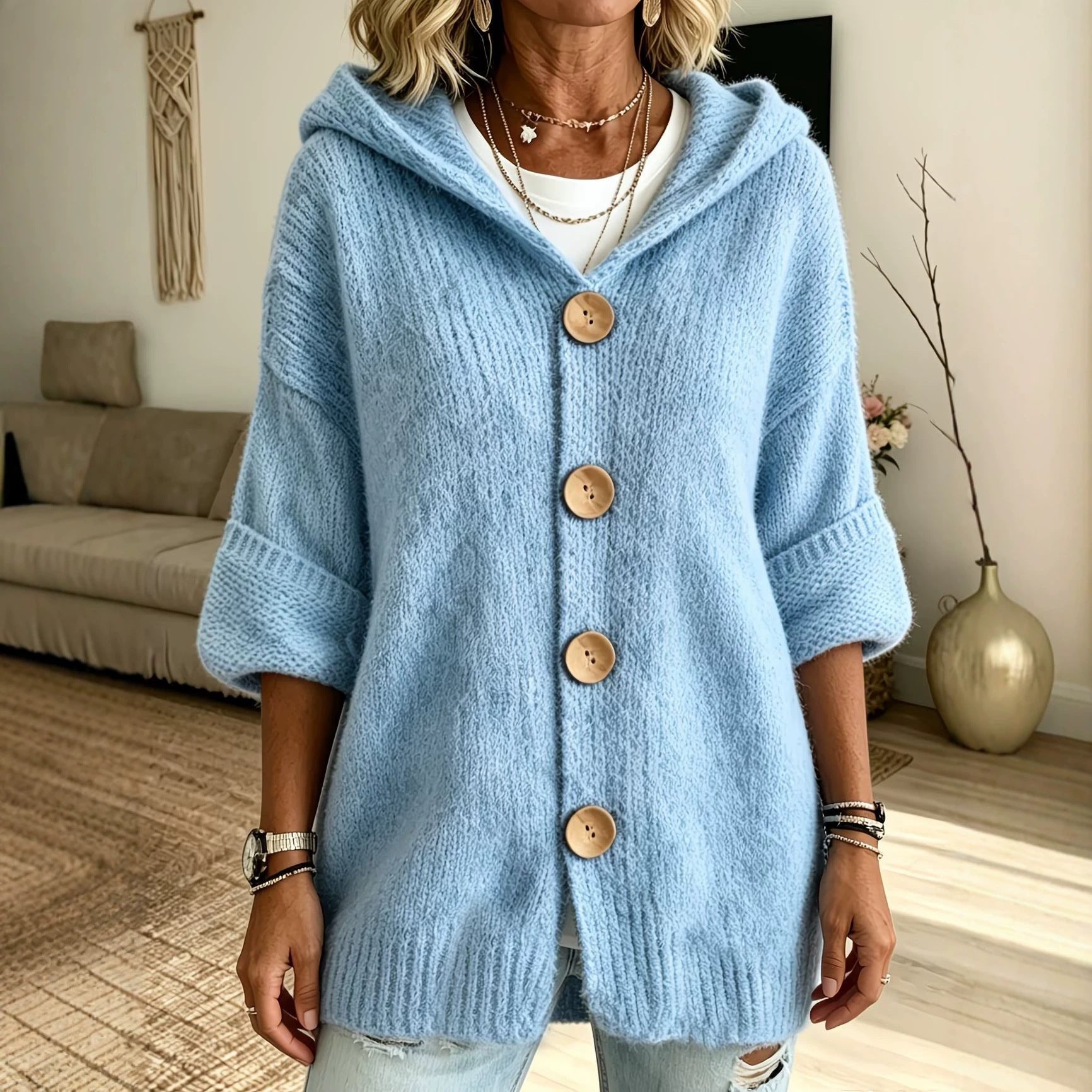 Hooded Button Front Chunky Knit Cardigan