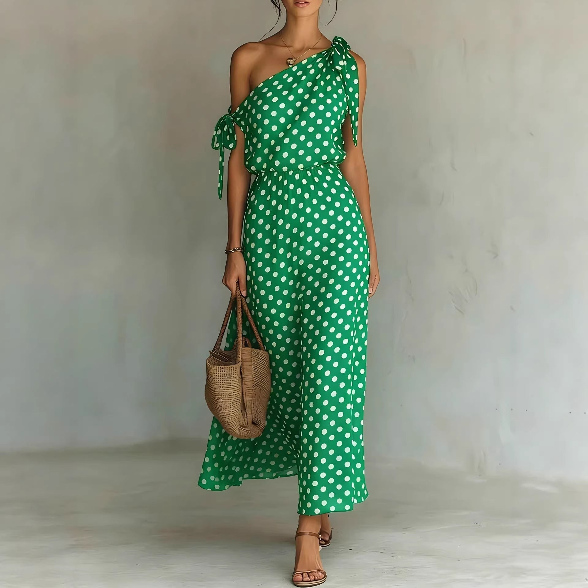 Women's Polka Dot One-Shoulder Maxi Dress