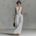 White Black Vertical Stripe Halter High Waist Wide Leg Jumpsuit