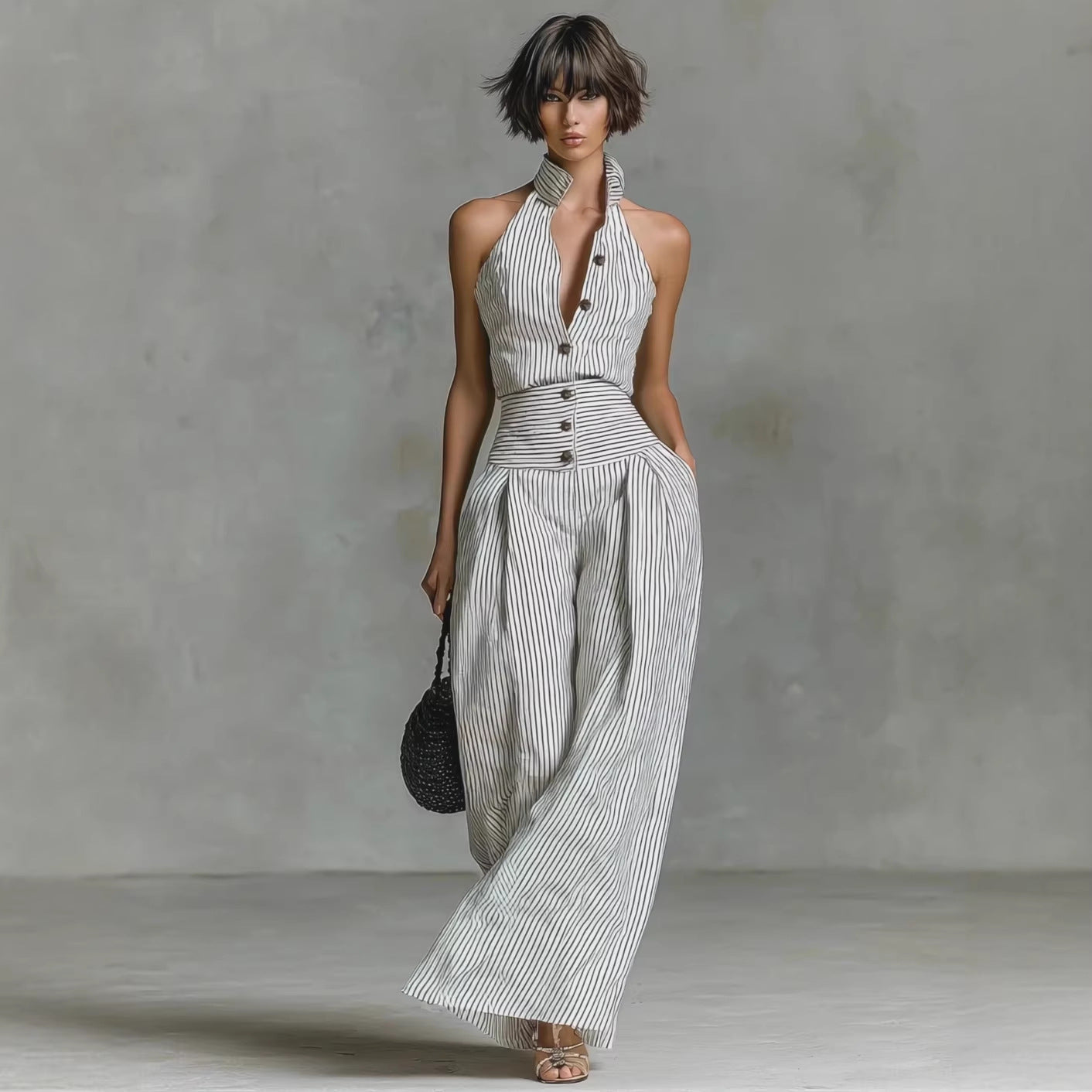 White Black Vertical Stripe Halter High Waist Wide Leg Jumpsuit