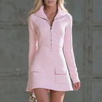 Women's Half‑Zip Stand Collar Long Sleeve Cargo Pocket Mini Dress