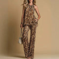 Leopard Print Rhinestone Halter Tank & High Waist Wide Leg Pants 2 Piece Matching Set